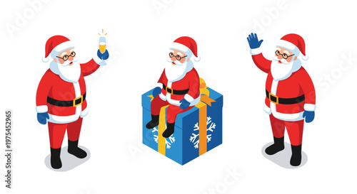 Three isometric figures of santa claus show him toasting with a glass sitting on a giant gift box and waving to the viewer.