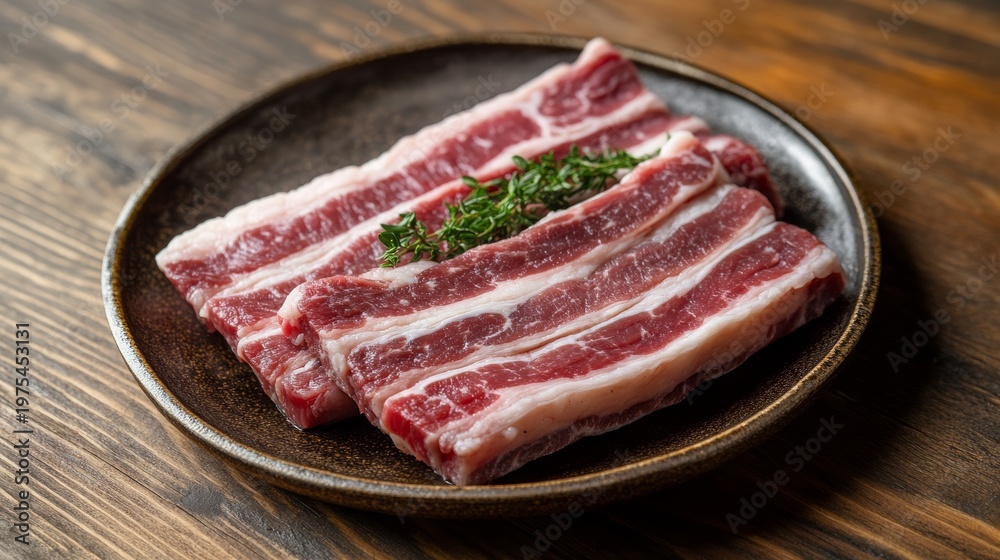 Fototapeta premium Raw meat preparation scene with pork belly slabs centered on plate, woodgrain table surface, emphasizing freshness and detail