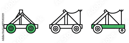 Set line old medieval wooden catapult shooting stones icon isolated on white background, historic siege weapon illustration