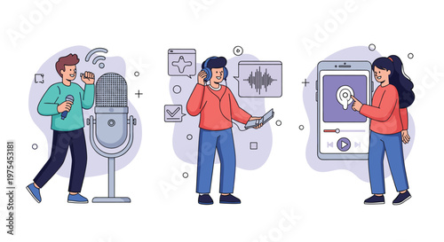 Illustration depicts three stages of podcasting including recording into a microphone editing audio and listening on a phone.
