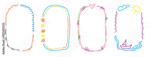 Minimal doodle borders with gentle color palette. Crayon kindergarten frame set ideal for children photos and school graphics.