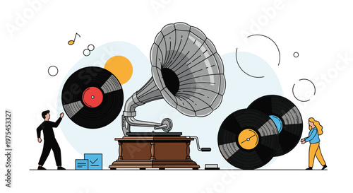 Man and woman handle large vinyl records next to a classic gramophone player on a wooden cabinet in a stylized music illustration.