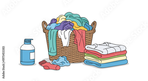 Woven laundry basket is overflowing with colorful clothes next to a bottle of detergent and a stack of freshly folded garments.