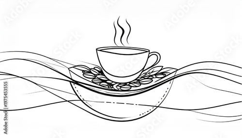 Coffee cup on a bed of coffee beans, steam rising, simple line art.