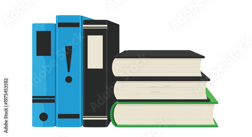 Row of blue and black office binders stands next to a stack of books with one binder featuring an exclamation point icon.