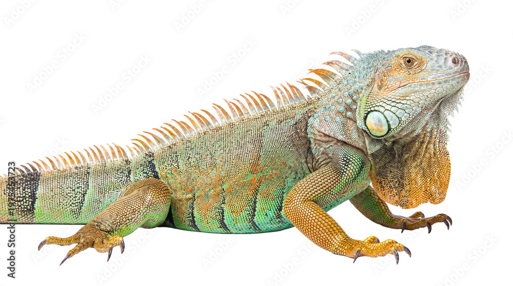 Naklejka premium Magnificent green iguana with prominent crest and vibrant coloration, captured in profile, isolated on transparent.