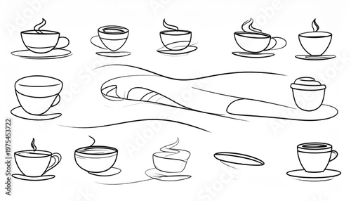 Coffee cup sketches on white background, various styles and designs.