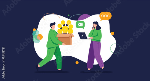 Concept of sharing creative ideas and innovation featuring a man carrying a box of light bulbs to a woman working on her laptop.