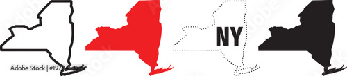 Four distinct representations of the state of New York including an outline a solid red fill a dotted outline with text and a solid black fill on a