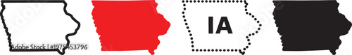 Four distinct representations of the state of Iowa including outline black white red and dotted border with text IA