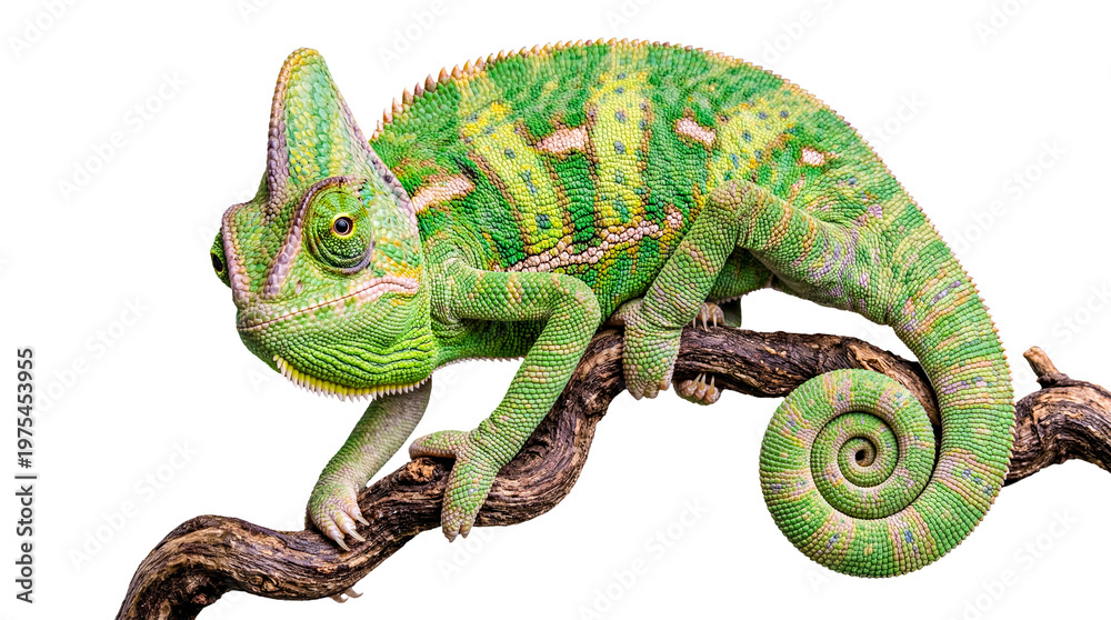 Obraz premium A green veiled chameleon, Chamaeleo calyptratus, looking forward, isolated on a transparent background.