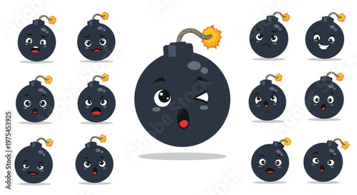 Collection of cute black bomb characters featuring a wide variety of funny and expressive facial emotions on white.