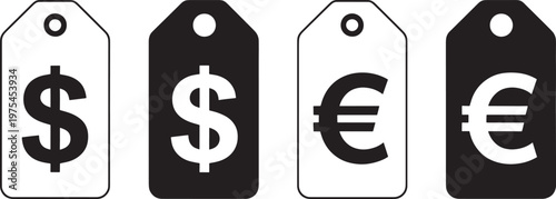 Four price tags with currency symbols showing dollar and euro in black and white on a white background for commerce and finance concepts