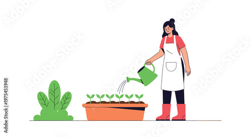Young woman wearing an apron and red boots carefully watering a row of green seedlings in a planter box with a watering can.