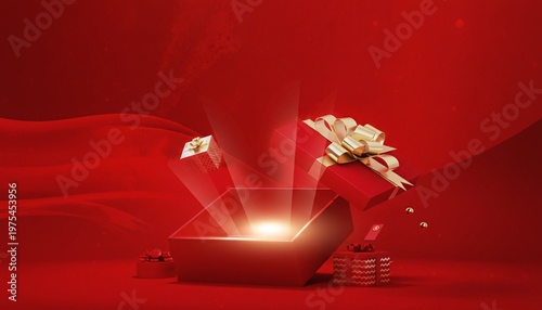 A red gift box with a glowing light and gold coins spilling out