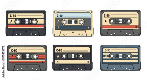 Set of six vintage audio cassette tapes in various colors and designs representing classic music technology from the past.