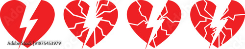 Four red broken heart shapes with lightning bolt cracks progressing from intact to severely shattered on a white background symbolizing heartbreak