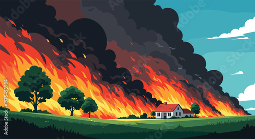 Dramatic landscape of a massive wildfire with intense orange flames and dark smoke clouds approaching a small farmhouse.