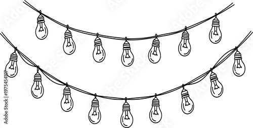 Vintage Hand Drawn Vector Sketch of Hanging Light Bulb Garlands and Decorative Festoon String Lights for Party Celebration Wedding Events and Festive Background Decoration