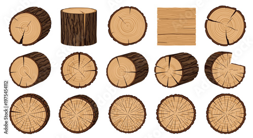 Extensive set of different wooden logs, tree stumps, and cross-sections showing growth rings on a white background.