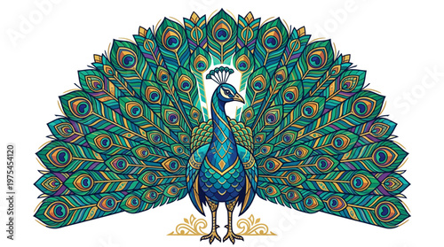 Peacock spreading colorful vibrant feathers display.