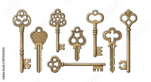 Set of eight intricately designed antique golden keys with various decorative bow and bit styles on white background.