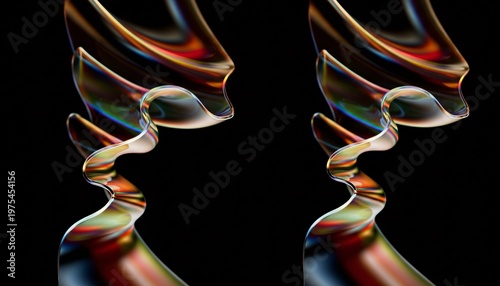 A vibrant and dramatic abstract artwork featuring colorful, swirling glass sculptures against a black background