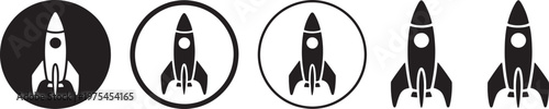 Four stylized rocket ship in black and white showing variations in solid fill and outline within circles and without, representing space