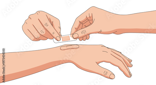Close-up illustration of hands carefully applying a small adhesive bandage to a minor injury on a person's wrist.