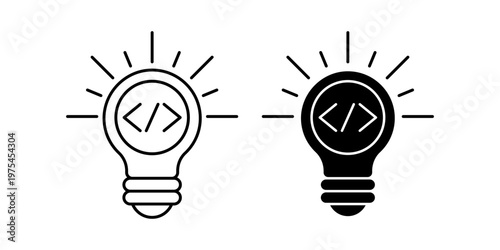 Light bulb icon with code symbol representing programming development and software solution concept