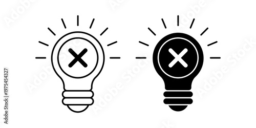 Light bulb icon with cross mark symbol representing error failure and incorrect idea concept illustration