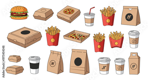 Large collection of fast food items and takeout packaging including burgers, pizza, fries, drinks, and paper bags.
