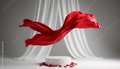 A red fabric flows dramatically above a white marble pedestal surrounded by rose petals in a studio with white drapes