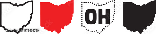 Ohio State Outline Variations Including Solid Red Black and Dotted Outline with OH Initials on White Background