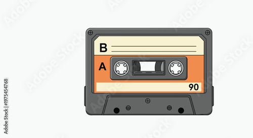 Vintage audio cassette tape with an orange and white label showing side A and 90 minutes of recording time in a retro style.