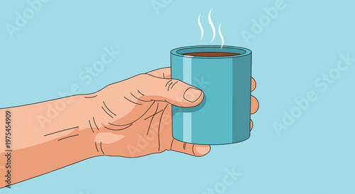 Close up of man hand holding a blue ceramic mug with steaming hot coffee or tea against a simple blue background in a flat art style.