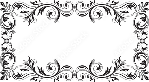 Ornate black decorative rectangular frame with elaborate swirling floral and leaf scrollwork, creating an border on a white background for