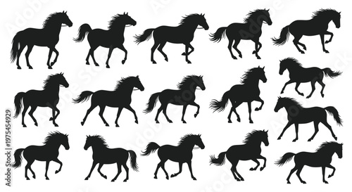 Grid of black silhouettes showing different stages of a horse running and galloping movement isolated on a white background for animation study.