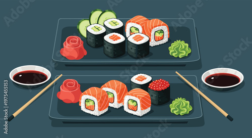 Two platters of fresh sushi including salmon rolls, maki, and tuna on dark blue plates with soy sauce bowls and chopsticks in pixel art.