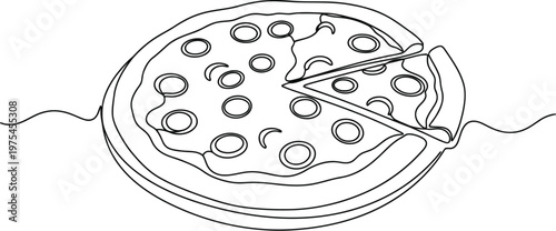 A single continuous line drawing of a delicious pepperoni pizza with one slice being pulled out
