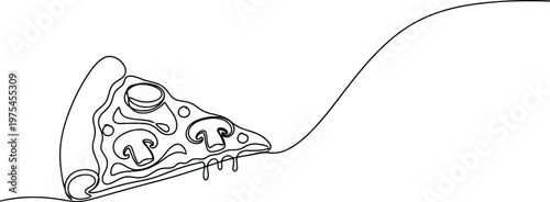 A single continuous line drawing of a delicious slice of pizza with fresh mushrooms on top art
