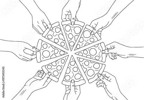 A black and white line art illustration showing many hands reaching for slices of a pepperoni pizza