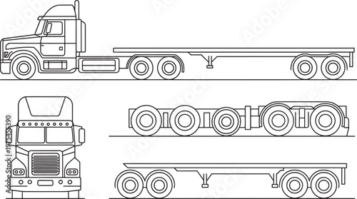 Semi Truck and Flatbed Trailer Line Views Front Side and Detail on White Background 1a8q traced