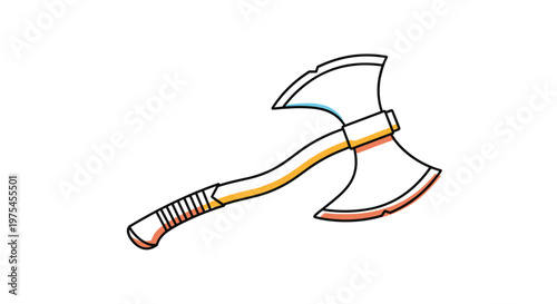 Double headed battle axe with a wooden handle and sharp blades featuring blue and orange highlight color accents.