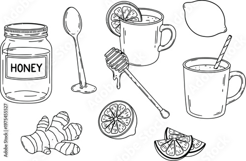 Black and white hand drawn sketch illustration featuring honey lemon tea ingredients and supplies