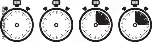 Set of four black and white stopwatch showing different stages of time measurement from zero to partial completion with clear markings and hands on