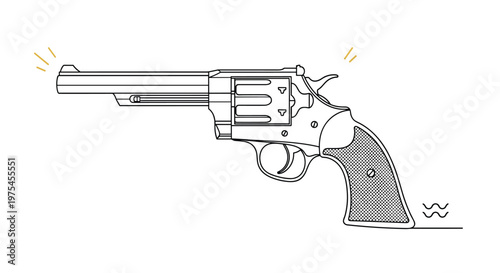 Revolver pistol handgun outline illustration with decorative gold sparks and ground line symbols on white background.