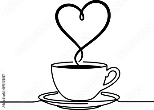 A minimalist single line drawing of a steaming coffee cup featuring a heart shape above the brew