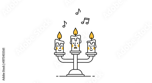 Whimsical singing candelabra illustration with three candles having expressive faces and musical notes above them.