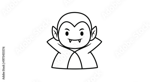 Simple cute cartoon vampire character with fangs and a high collar cape for halloween in a black and white outline style.